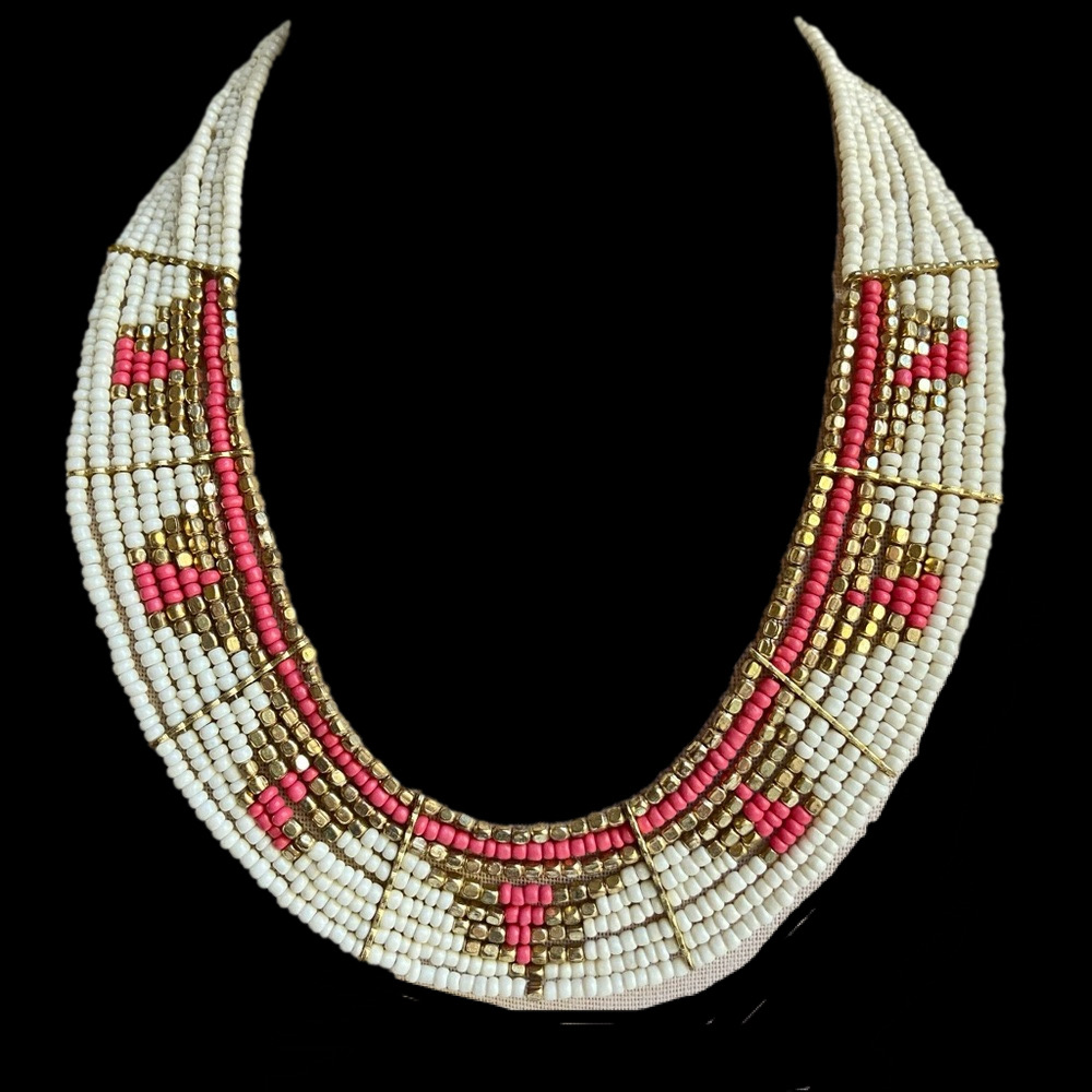 Seed bead collar necklace multi strand tribal design in white orange goldtone